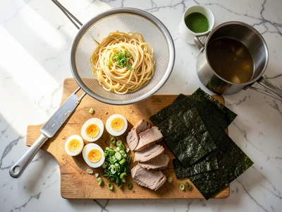 Ramen components laid out: noodles in a strainer, sliced chashu, halved eggs, no