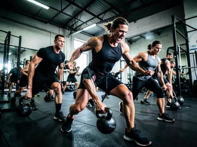 Group fitness class doing kettlebell swings in an industrial gym