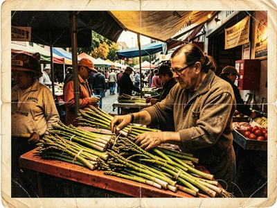 Vendor arranging bunches of fresh asparagus at outdoor market stall