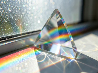 Prism held against a frosted window on a sunny day, scattered daylight condensin