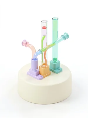 Stylized isometric pipe network with three different colored fluids flowing thro