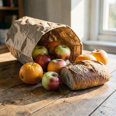 Warm still-life of a paper grocery bag tipped on its side spilling apples, orang