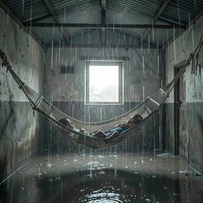 Monsoon season photograph, heavy rain atmosphere, A sleeping baby in a hammock, 