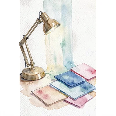 Vertical wash of a desk lamp pooling over an array of fabric swatches