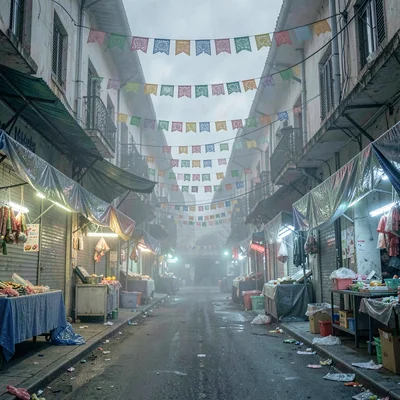 Empty tianguis market alley after closing, plastic tarps fluttering, fluorescent