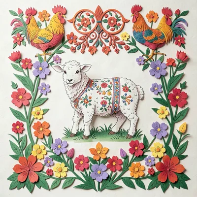 Polish wycinanki paper cut illustration, a lamb surrounded by spring flowers , l