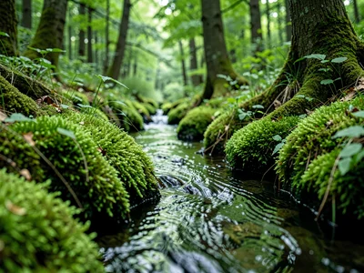 Stream bank moss trailing into water