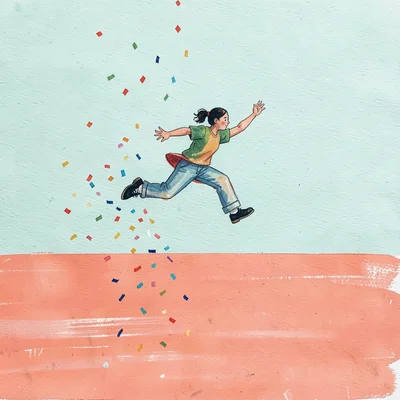A small figure leaping over a wide painted shape on the ground, confetti trailin