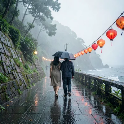 Jiufen rain beauty, wet mountain coastal, Couple sharing umbrella, walking away 