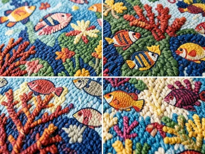 A coral reef teeming with fish, each creature a different carpet weave pattern