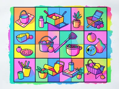 Spring picnic items arranged in Memphis design grid, bold outlines, neon pastels