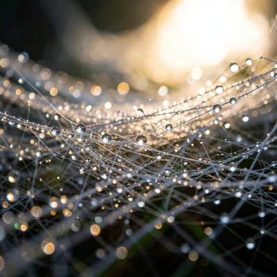 Spider silk covered in morning dew, each droplet a tiny lens, macro backlit