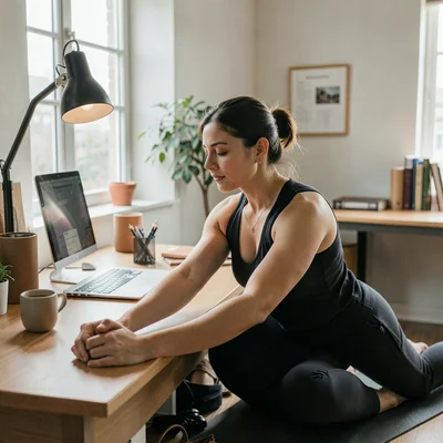 Soft natural light photograph, Gentle yoga stretches at desk during work break, 