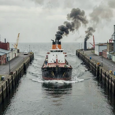 Port city documentary photograph, A tugboat pushing a barge through a shipping c