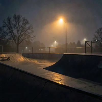 Nocturnal scene of a skate park at 3am, distant streetlight orange in the haze