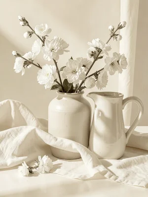 Cream monochrome, white flowers, linen sheets, ceramic pitcher, warm white light