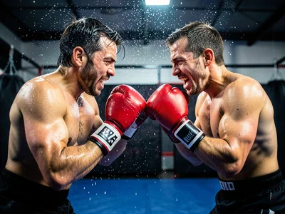 Two people sparring in a boxing gym, gloves connecting, sweat droplets frozen in
