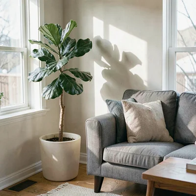 Botanical accent scene of a tall fiddle-leaf fig in a cream pot beside a staged 
