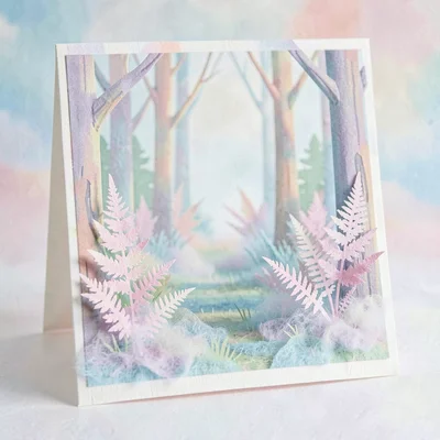 Miniature paper-craft set of a forest clearing with cut-paper ferns and tissue-p
