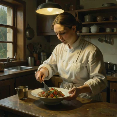 A chef plating a dish in a kitchen, a single overhead light creating Vermeer sha