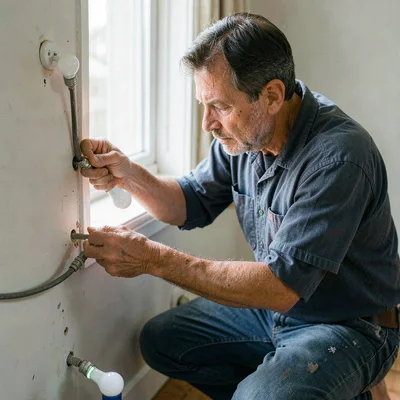 Documentary photography, unposed moment, Energy-efficient LED bulbs being instal