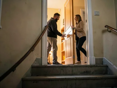 Two people saying goodbye in a doorframe, one inside one outside, the threshold 