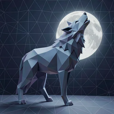 A geometric wolf howling at the moon, its outline formed by sharp angular facets