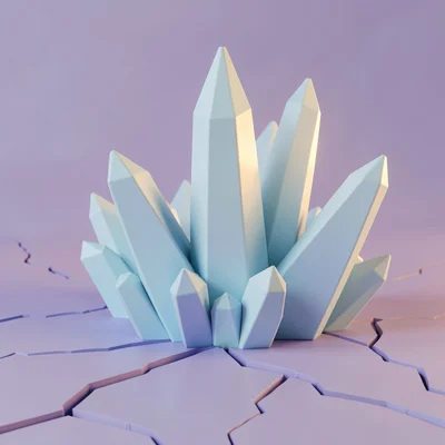 Cluster of faceted pastel-blue crystals jutting from cracked lavender ground wit