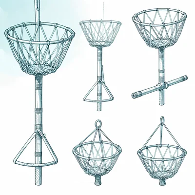 Detail study of a pole basket and grip in crisp ivory ink on cool cyan, multiple