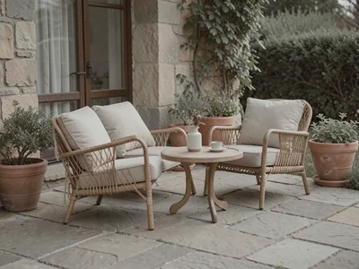 Outdoor furniture on stone patio
