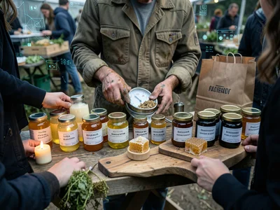 A Saturday morning farmers market table viewed from the shopper's perspective, a