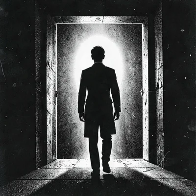 Screenprint key-art poster of a single backlit figure under a doorway, halo of l