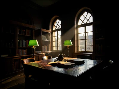 Old library reading room half-lit by green-shaded lamps and one shaft of evening