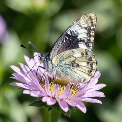Chrome butterfly with detailed wing veins, sitting on real flower, macro shot