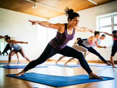 Yoga class in a bright studio, instructor demonstrating a warrior pose