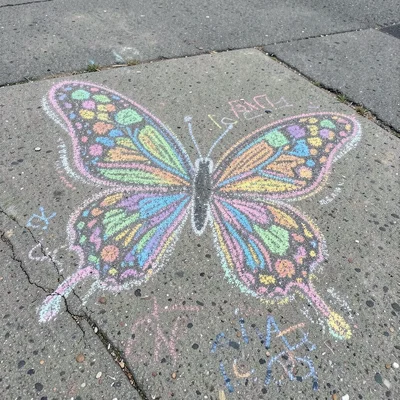 A butterfly drawn in chalk, its wings filled with intricate patterns, each wing 