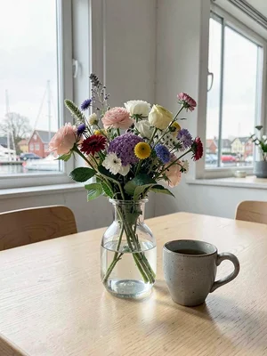 Comfortable grey harbor light in Gothenburg, Sweden, fresh flowers in a simple g