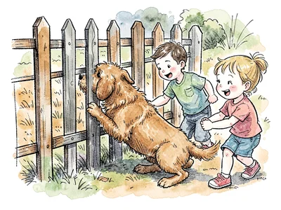 Dog stuck in fence children helping