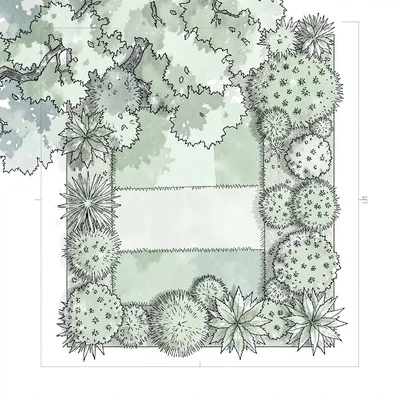 Top-down garden plan blueprint of a shade border under a tree canopy, with light