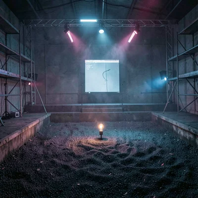 Nocturnal photograph of a foley stage at 3am, single bulb on the gravel pit, mag