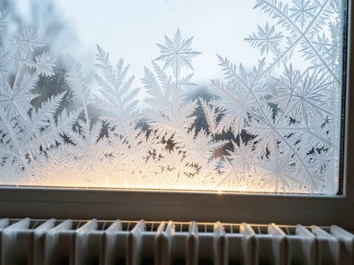 The boundary between frosted and clear glass where a radiator below warms the bo
