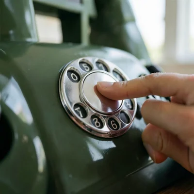 Rotary phone dial close-up, finger wheel with chrome number ring