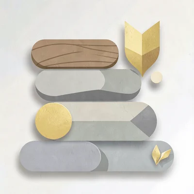 Flat geometric resource icon set of stacked wood, stone, gold, and grain, rounde