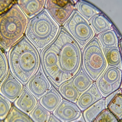 Fish scale surface at 50x, concentric growth rings visible in each translucent s