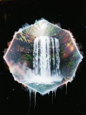 Hexagonal frame containing a waterfall, cascading water frozen within six-sided 