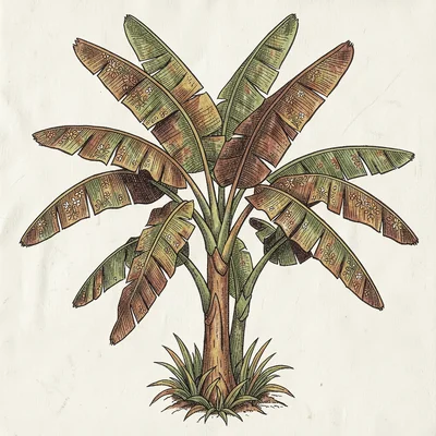 Kalamkari pen illustration, banana plants with large detailed leaves , hand-draw