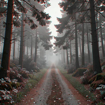 Anaglyphic stereo 3D photograph, Forest trail stretching into misty distance, tr