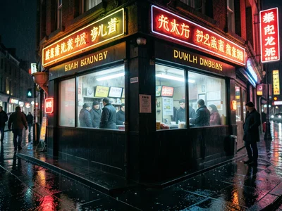 Late-night chipper on a Dublin corner, fluorescent interior glow, customers visi