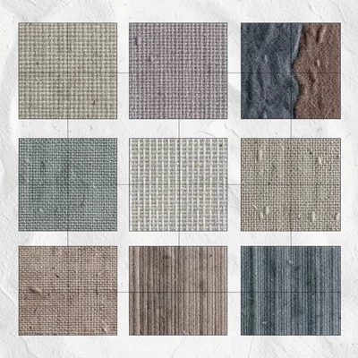 Editorial grid of nine textile weave thumbnails in muted hues on chalk field, ha