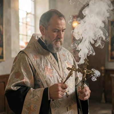 Intimate warm-toned photograph, Orthodox priest holding ornate brass cross, ince